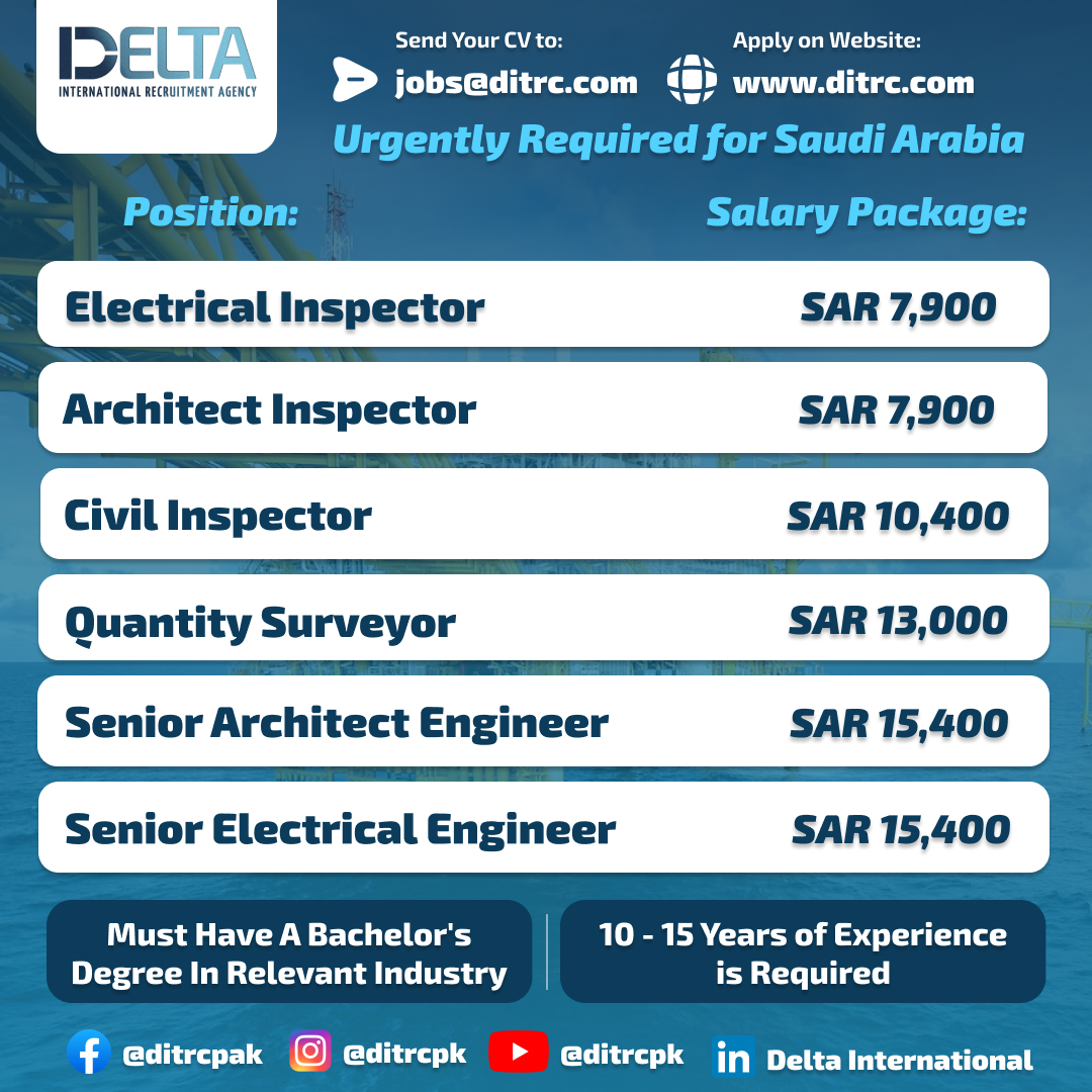 📲 We are hiring for 𝐌𝐮𝐥𝐭𝐢𝐩𝐥𝐞 𝐏𝐨𝐬𝐢𝐭𝐢𝐨𝐧𝐬 𝐢𝐧 𝐒𝐚𝐮𝐝𝐢 𝐀𝐫𝐚𝐛𝐢𝐚
📧 Send your CV/Resume to jobs@ditrc.com
.
.
#ditrcpk #jobsinsaudiarabia #jobsinksa #sendyourcv #electricaljobs #architet #civil