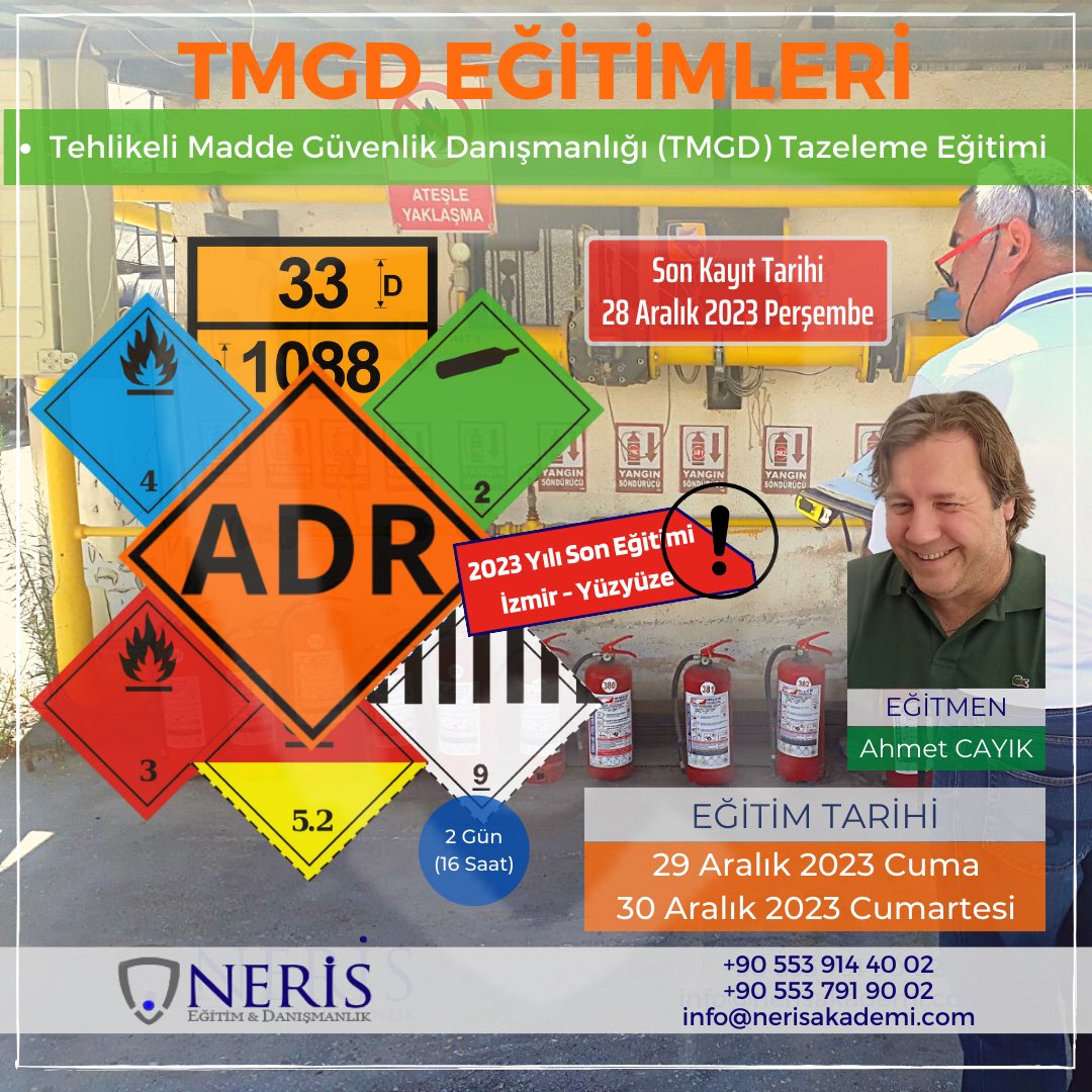 2024 yılı itibarıyla sertifika askıya alınması ile mağduriyet yaşamamak için Tehlikeli Madde Güvenlik Danışmanlarına yılın son eğitimini duyurmak istiyorum. #tmgd
