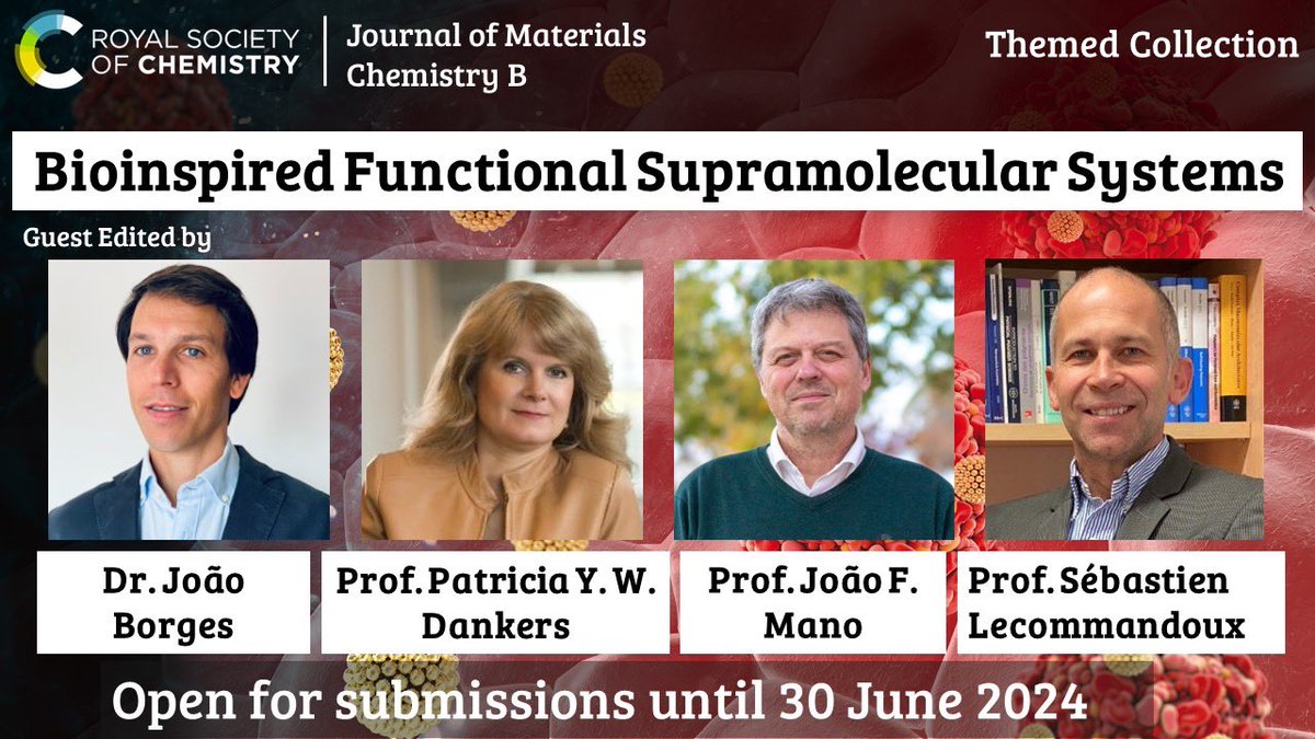 📢Happy to announce our @JMaterChem B themed collection on #Bioinspired #Functional #Supramolecular #Systems guest edited by @Joao_F_Borges, @P_Dankers, @SebLecommandoux, @joaofmano 🤩 ➡️More info about it ⤵️ blogs.rsc.org/jm/2023/12/14/… 📆Submissions are welcome until 30 June 2024!
