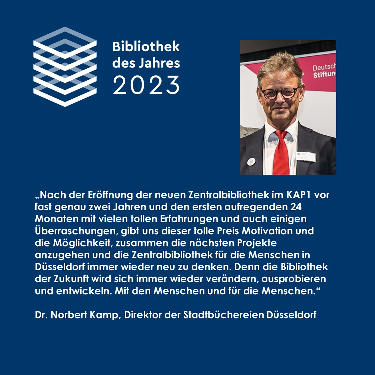 Bibliotheksverband (@bibverband) on Twitter photo Warum sich eine Bewerbung als #BibliothekDesJahres lohnt? Der Preis gibt jede Menge Motivation, sagt Dr. Norbert Kamp, Direktor der <a href="/stadtbueduedorf/">Stadtbüchereien Düsseldorf</a>, die den Preis 2023 erhalten hat. 😀
Bewerbungsformular für 2024:
👉bibliotheksverband.de/bibliothek-des…
<a href="/telekomstiftung/">telekomstiftung</a> Warum sich eine Bewerbung als #BibliothekDesJahres lohnt? Der Preis gibt jede Menge Motivation, sagt Dr. Norbert Kamp, Direktor der <a href="/stadtbueduedorf/">Stadtbüchereien Düsseldorf</a>, die den Preis 2023 erhalten hat. 😀
Bewerbungsformular für 2024:
👉bibliotheksverband.de/bibliothek-des…
<a href="/telekomstiftung/">telekomstiftung</a>