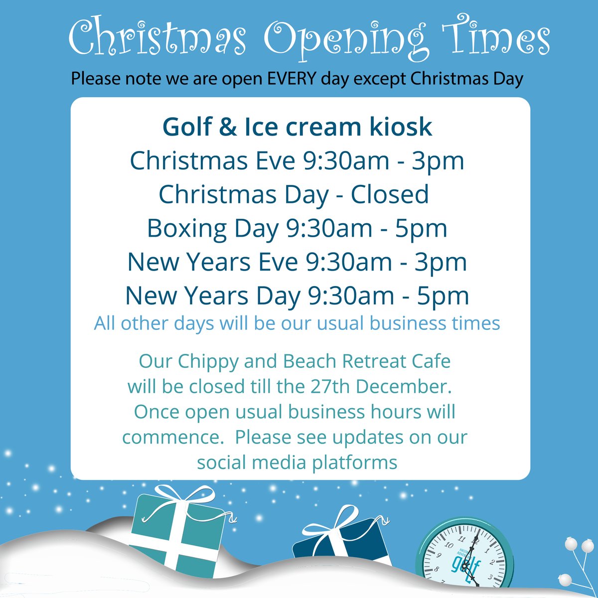 We are open every day except Christmas day but please note the changes to some of the opening times on the special days over Christmas below. #christmastime #openingtimes #hastingsadventuregolf #hastings #minigolf