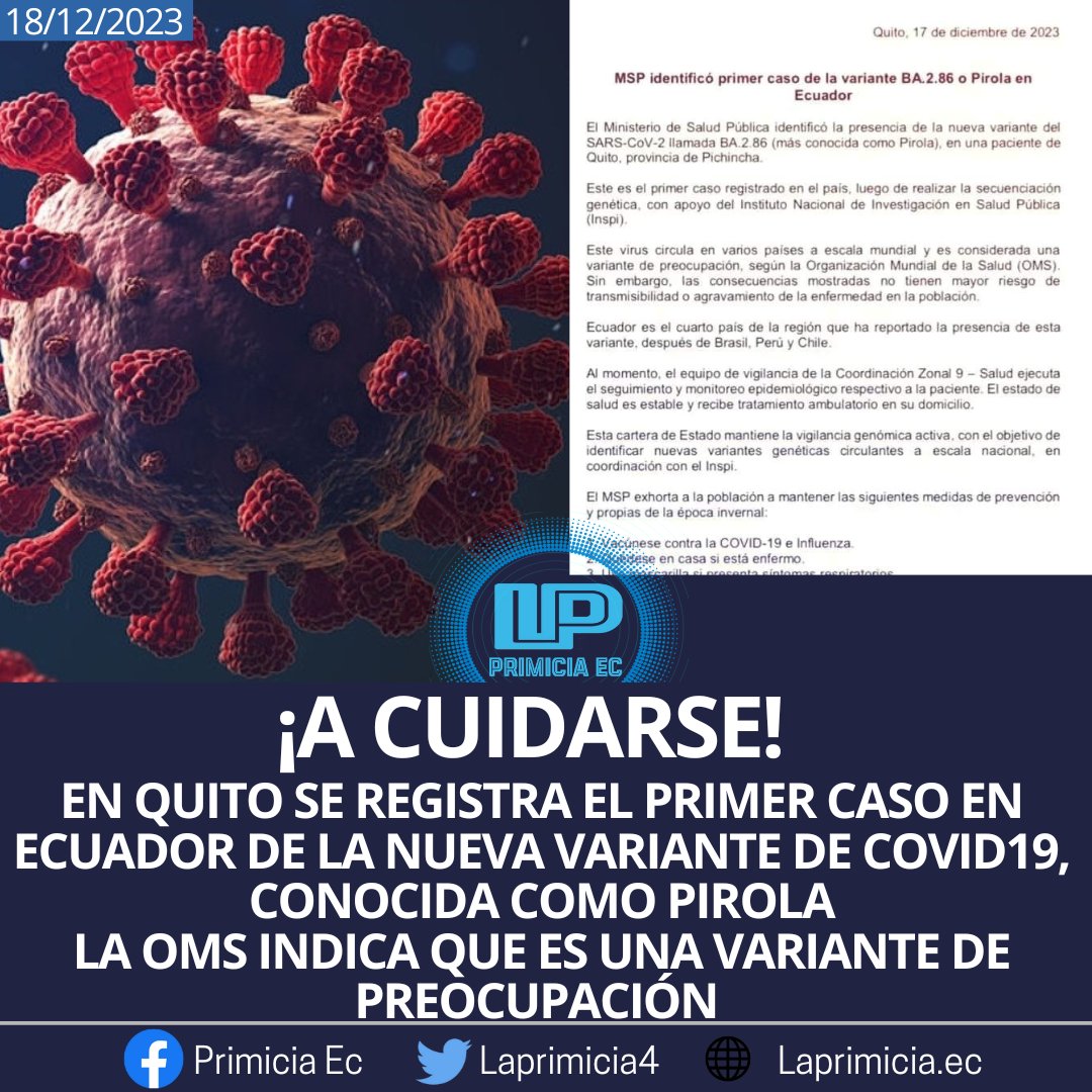 #URGENTE I 🔴 | En #Quito se presenta el primer caso en #Ecuador de la nueva variante de #COVID19, conocida como #Pirola
Según informa el Ministerio de Salud, sin explicar cómo se contagió.
La OMS indica que es una variante de preocupación y hay casos en Brasil, Perú y Chile.