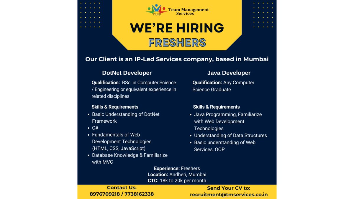 TMS_HR's tweet image. Are you a recent graduate eager to dive into #Java and #DotNetDevelopment? Apply today!

tmservices.co.in | recruitment@tmservices.co.in | 8976709218 – 7738162338

#tms #hrmodeon #hr #hrservices #hroutsourcing #hrsolutions #mumbai #monday #wearehiring #freshers #techjobs