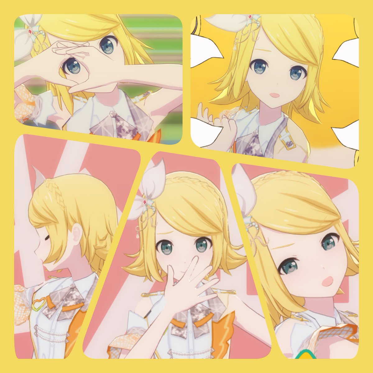 kagamine rin 1girl blonde hair bow looking at viewer multiple views white bow hair bow  illustration images