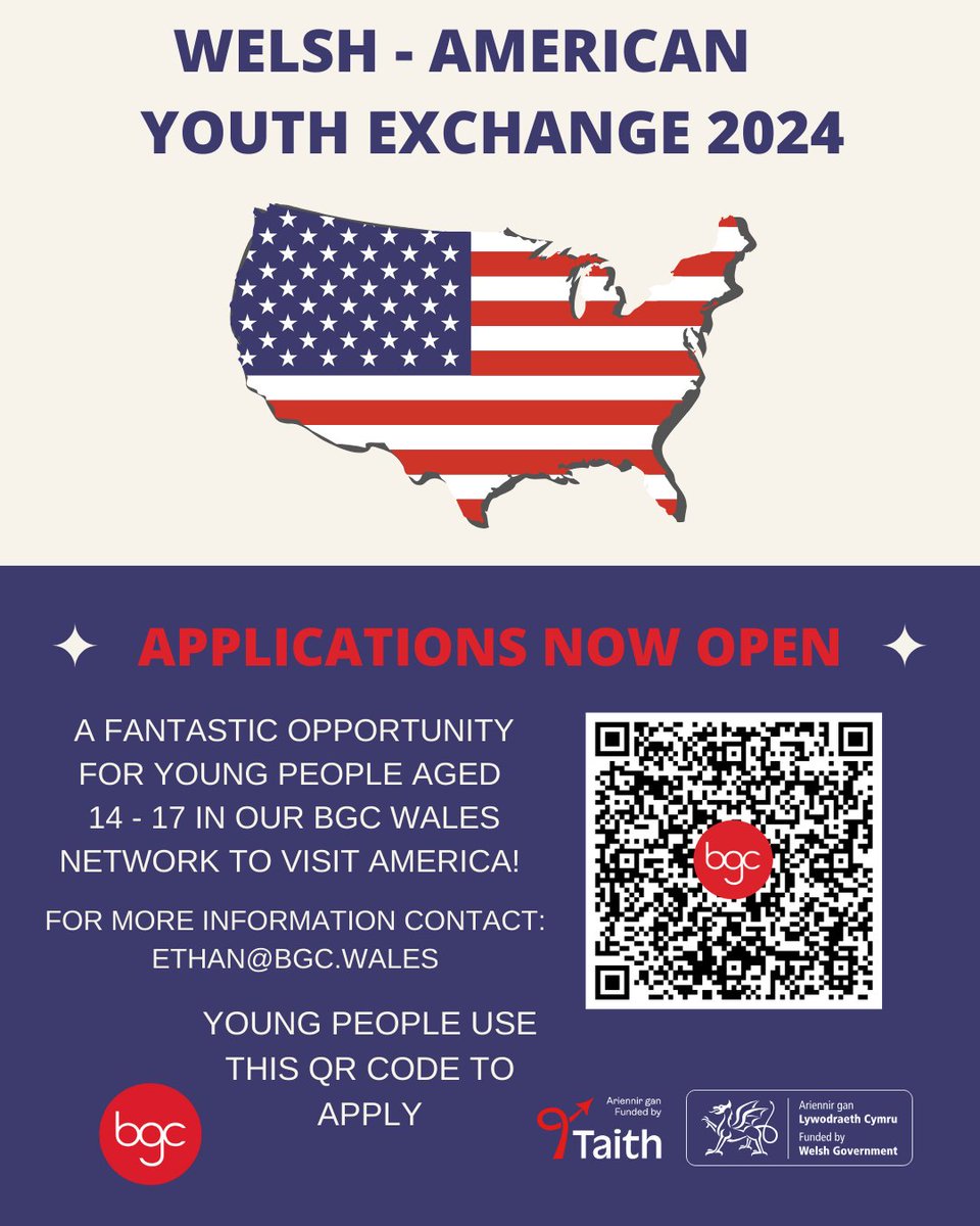 ❗️Deadline Approaching❗️ Young people aged 14-17 have until this Friday (22/12/2023) to apply for this amazing opportunity Feel free to share with any young people you think would benefit from this Youth Exchange We are so excited 🏴󠁧󠁢󠁷󠁬󠁳󠁿🇺🇸 @TaithWales @BGCA_Clubs