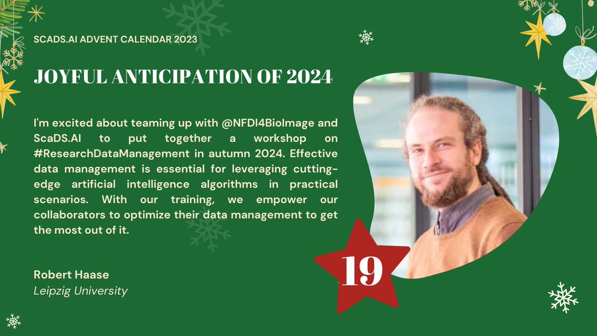 ScaDS.AI (@sca_ds) on Twitter photo The <a href="/Sca_DS/">ScaDS.AI</a> Advent Calendar is nearly coming to an end, but there are still some days left until Christmas!🎄
Behind door No. 19, team member Robert <a href="/UniLeipzig/">UNIVERSITÄT LEIPZIG</a> talks about an interesting workshop about #ResearchDataManagement in autumn 2024 <a href="/nfdi4bioimage/">NFDI4BIOIMAGE</a>.
Stay tuned for more! The <a href="/Sca_DS/">ScaDS.AI</a> Advent Calendar is nearly coming to an end, but there are still some days left until Christmas!🎄
Behind door No. 19, team member Robert <a href="/UniLeipzig/">UNIVERSITÄT LEIPZIG</a> talks about an interesting workshop about #ResearchDataManagement in autumn 2024 <a href="/nfdi4bioimage/">NFDI4BIOIMAGE</a>.
Stay tuned for more!