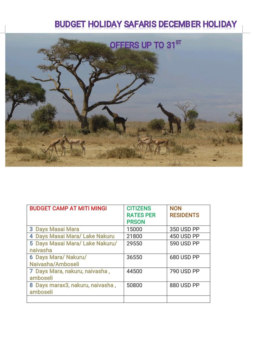 we  have offers just for you,book before it expires
budgetholidaysafaris@gmail.com