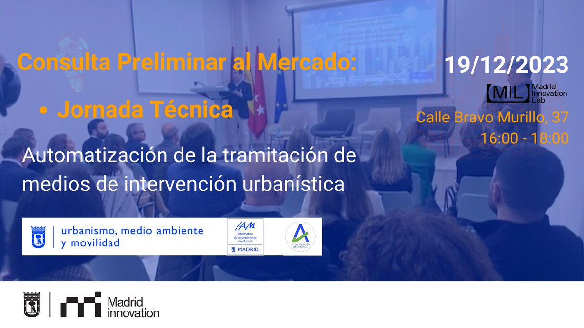 📢 ¡No te pierdas el 19 de diciembre la jornada técnica en @milmadrid_ para resolver dudas sobre la consulta preliminar al mercado! 🛠️ 🏙️Conoce de cerca la automatización de la tramitación de medios de intervención urbanística. 👥¡Inscríbete ya! ⤵️ madridinnovation.es/eventos/cpm-jo…