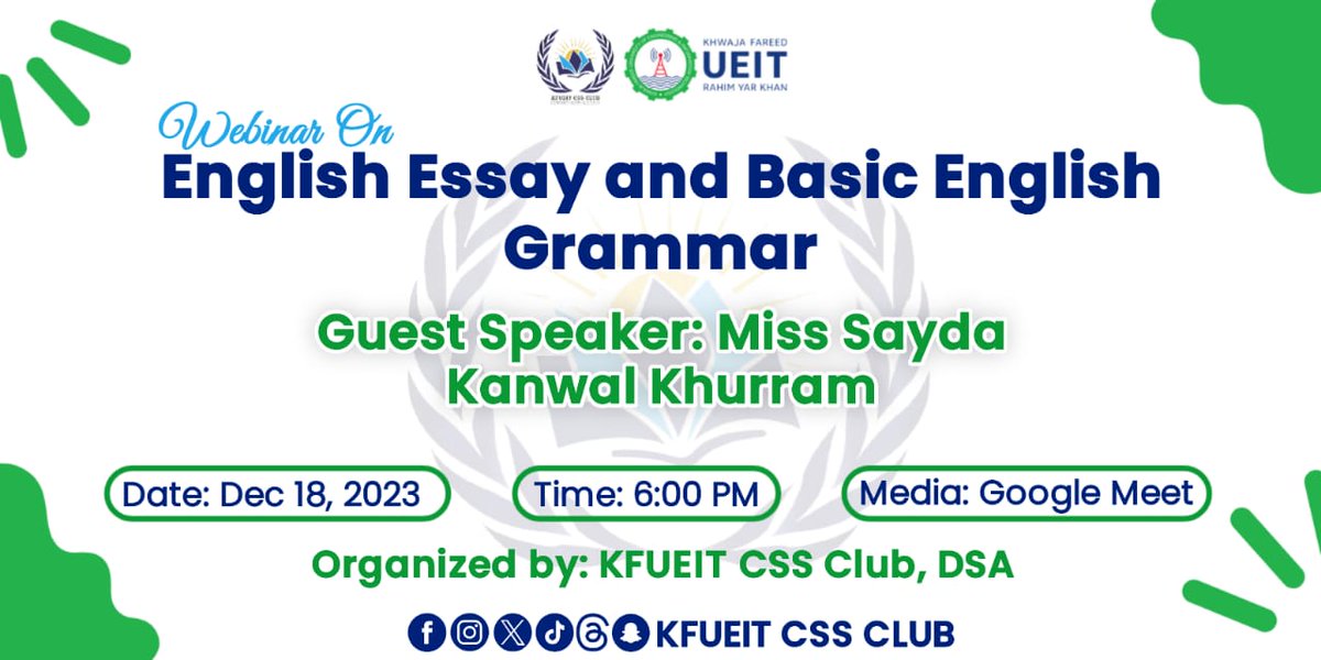 kfueitcssclub's tweet image. KFUEIT CSS CLUB is organising a Webinar on English Essay and Basic English Grammar
Guest Speaker : Mis. Syada Kanwal Khurram
Today at :06:00 PM

Link :meet.google.com/xjv-jmdn-cgz

#cssclub #KFUEIT #csspreparation