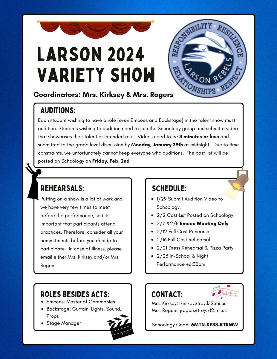 Jenny Rogers (@jrogerslms) on Twitter photo Larson Variety Show will be starting in the new year. <a href="/Kirksey_choir/">Mrs. Kirksey</a> and I are excited to see what Larson students will bring to the table. The schedule of events and information is in the attached flyer. <a href="/LarsonMS/">Larson Middle School</a> Larson Variety Show will be starting in the new year. <a href="/Kirksey_choir/">Mrs. Kirksey</a> and I are excited to see what Larson students will bring to the table. The schedule of events and information is in the attached flyer. <a href="/LarsonMS/">Larson Middle School</a>