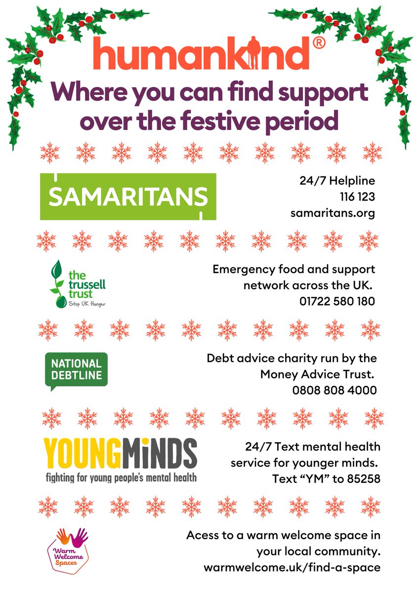 Humankind_UK's tweet image. Christmas and New Year can be a challenging time for many.

The festive period brings pressures and problems, many unique to each person.

Knowing what support is available during the festive season is important.

#Support #Organisations #Charity #SupportOverChristmas