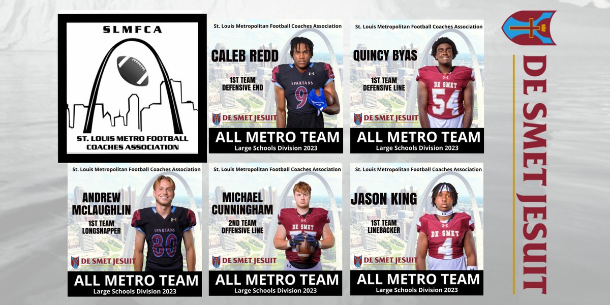 Congratulations to the members of the All-Metro Team as voted by the St. Louis Metropolitan Football Coaches Association. @DeSmetJesuitHS @DeSmet_ADBarker #AMDG