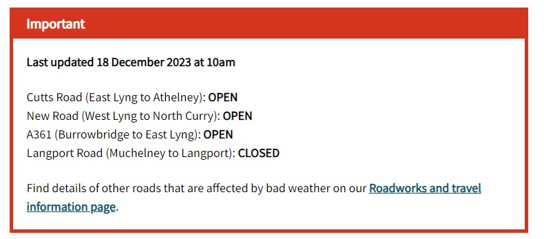 Update on emergency road closures due to flooding in #Somerset. The good news is that Cutts Road is now open, this following New Road that was opened over the weekend as water levels continue to reduce. Emergency road closure gates (somerset.gov.uk)
<a href="/SomersetCouncil/">Somerset Council</a>