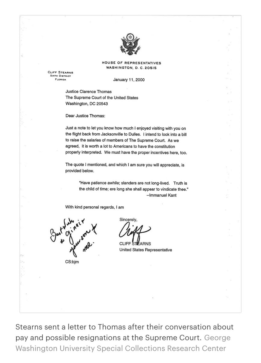 NEW: In 2000, Clarence Thomas was deep in debt. He met w/ a GOP Congressman & complained about his salary. The GOP started to fear he’d leave the court. In the years that followed, billionaires lavished him w/ secret gifts. propublica.org/article/claren…