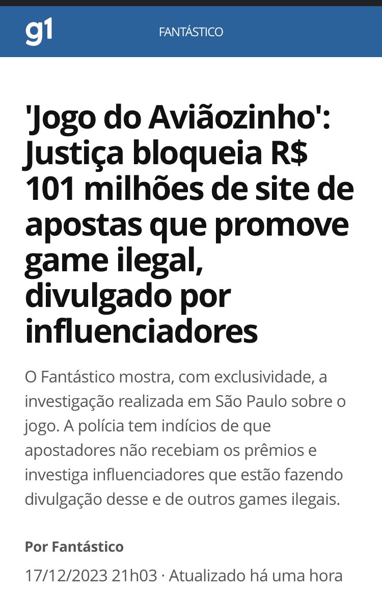 Jogo do Aviãozinho': Justiça bloqueia R$ 101 milhões de site de