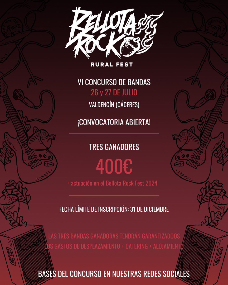 ¡SEXTO CONCURSO DE BANDAS BELLOTERO!🥳

Os dejamos la convocatoria abierta hasta el último día del año, 31 de diciembre fecha límite.

Las tres bandas ganadoras participarán en el VII Bellota Rock Fest en Valdencín los días 26 o 27 de julio.

Bases y condiciones en este enlace👇🏼