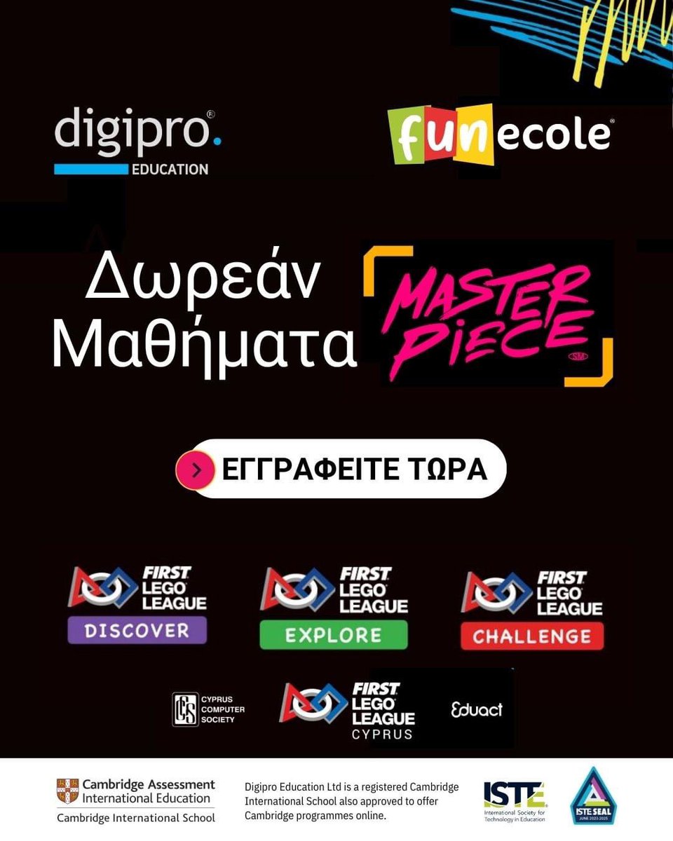 digiprocc's tweet image. To FIRST® LEGO® League χωρίζεται σε τρεις ηλικιακές κατηγορίες:
🟣 𝐃𝐢𝐬𝐜𝐨𝐯𝐞𝐫 (4 - 6 ετών)
🟢 𝐄𝐱𝐩𝐥𝐨𝐫𝐞 (6 - 10 ετών)
🔴 𝐂𝐡𝐚𝐥𝐥𝐞𝐧𝐠𝐞 (9 - 16 ετών)
👉 Δηλώστε συμμετοχή στα δωρεάν μαθήματα συμπληρώνοντας τη φόρμα συμμετοχής: digipro.com.cy/k12-education/…