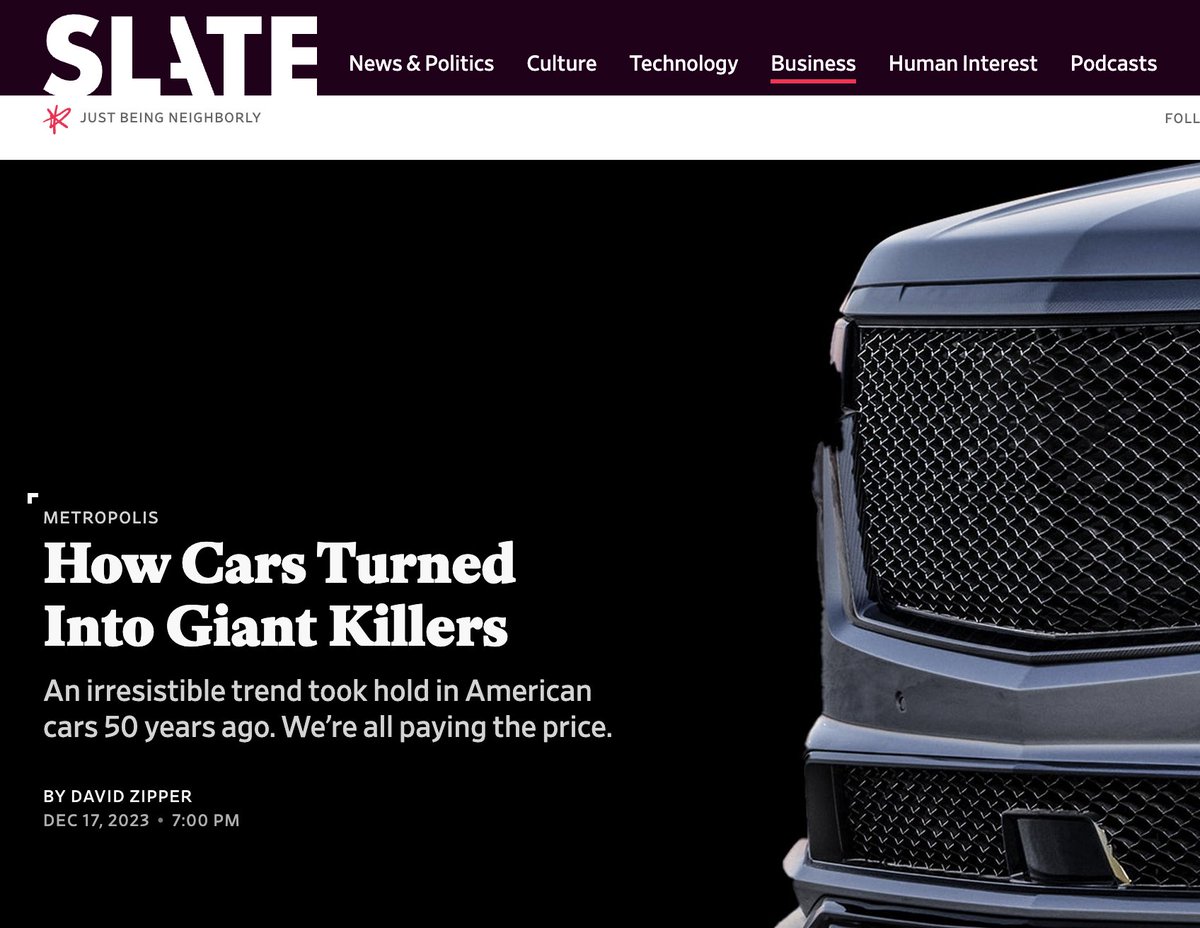 Oversized SUVs and trucks kill people in crashes, catalyze climate change, and widen inequality. And the problem is getting worse. A 🧵 about my deep dive on car bloat, in @Slate