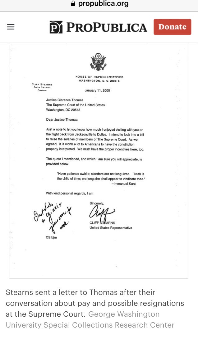 “Stearns wrote a letter to Thomas…promising ‘to look into a bill to raise the salaries of members of The Supreme Court.’” “As we agreed, it is worth a lot to Americans to have the constitution properly interpreted.” “We must have the proper incentives here, too.” 💰⚖️💰