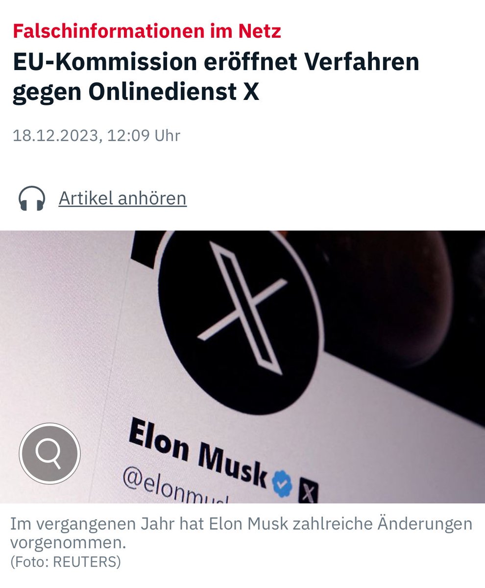 EU-Kommission eröffnet Verfahren gegen Onlinedienst X wegen „illegaler Inhalte“.

FRÜHER war man ehrlicher, da nannte man das ZENSUR.

Demokratie und Meinungsfreiheit sind in Gefahr. Und die Täter sitzen nicht in San Francisco, sie sitzen in Brüssel❗️