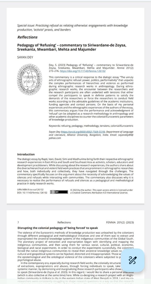 Happy to share my latest short commentary titled 'Pedagogy of 'Refusing'' which I have published with 'Fennia: International Journal of Geography' (Published by Geographical Society of Finland). To read my article: fennia.journal.fi/article/view/1…