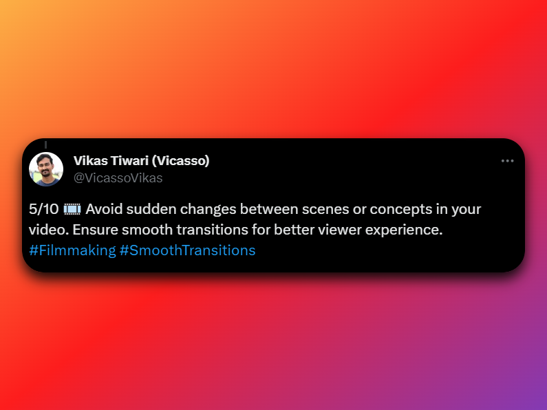 VicassoVikas's tweet image. Explainer Video Tip 5
🎞️ Avoid sudden changes between scenes or concepts in your video. Ensure smooth transitions for a better viewer experience. #Filmmaking #SmoothTransitions
Read more about this topic here 👉
whatastory.agency/business/takea…