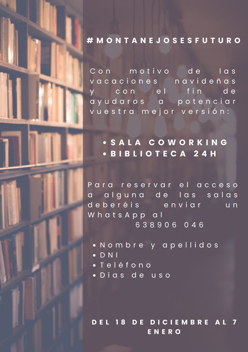 ✅ Habilitamos la 𝘀𝗮𝗹𝗮 𝗰𝗼𝘄𝗼𝗿𝗸𝗶𝗻𝗴 y la 𝗯𝗶𝗯𝗹𝗶𝗼𝘁𝗲𝗰𝗮 𝟮𝟰𝗵 durante las vacaciones de Navidad. 📚

📝 Reserva tu sala por WhatsApp escribiendo al 638 906 046.

🗓 Del 18 de diciembre al 7 de enero

#VisitMontanejos