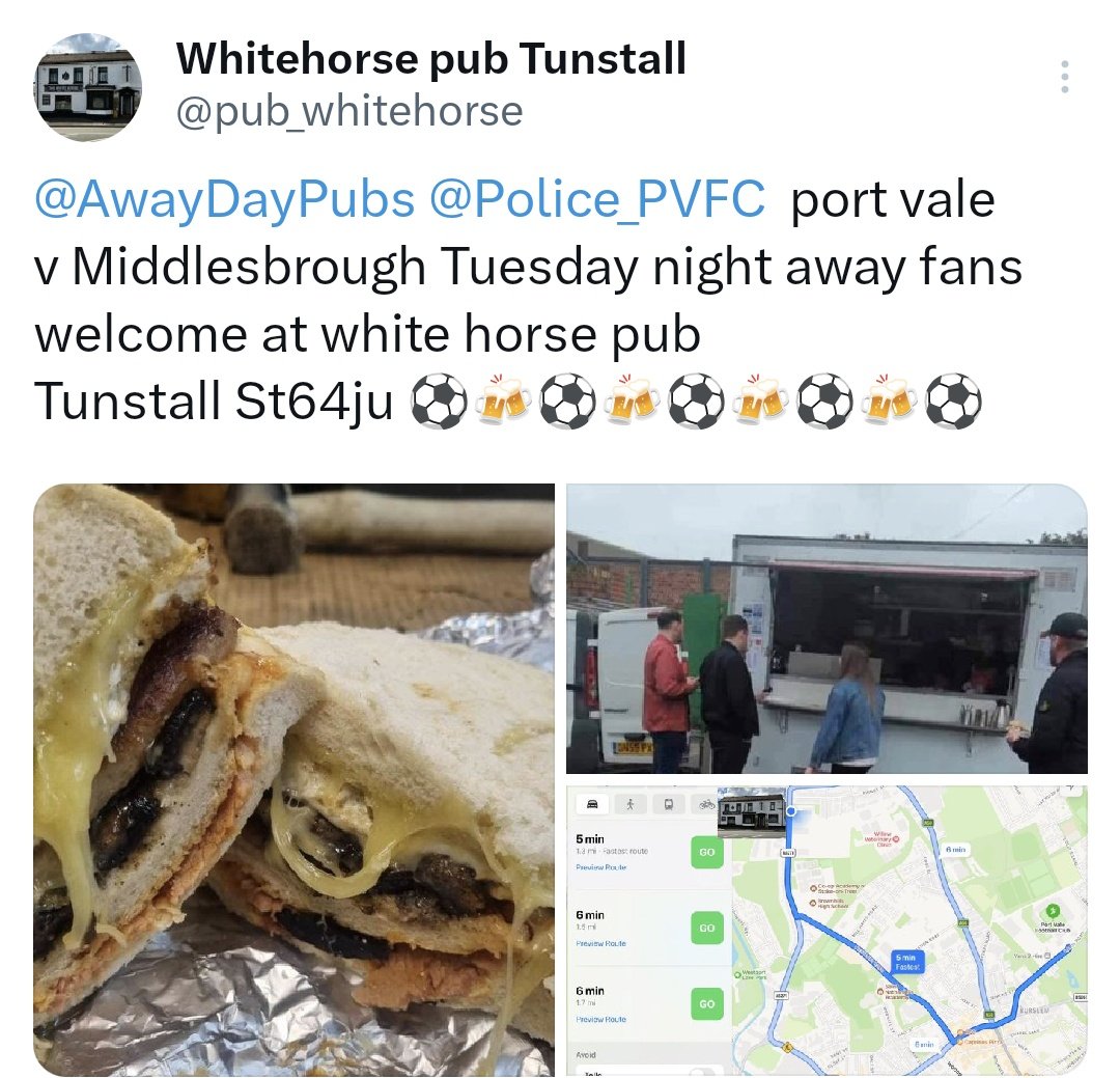 Police_PVFC's tweet photo. Looking forward to welcoming @Boro to @OfficialPVFC some great drinking venues. 

@pub_whitehorse 
@GreenStarStoke 
@pioneerbar23 

Please have a look at what's on offer and have a great day. ⚽⚽ 
@BoroFansUnited @footyawayday @Boro_Away_Fans https://t.co/nT36KzxBEm