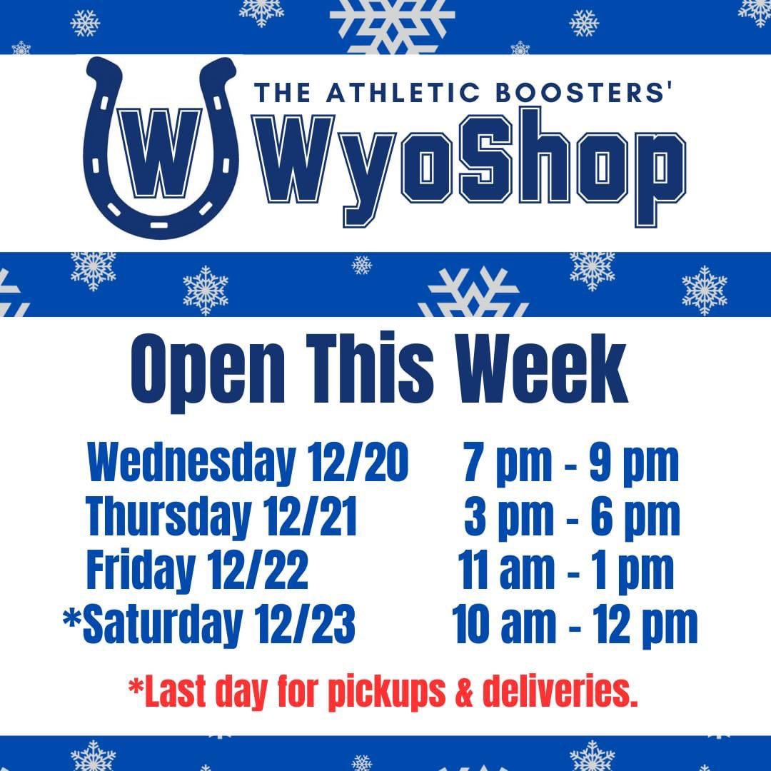 Wyoming Athletic Boosters (@wyoboosters) on Twitter photo Tik-Tok. It's CRUNCH Time.
These are our last business hours for the Wyoming Spirit Shop until after the holidays. We will be offering delivery until 4 pm on Saturday, 12/23. Closed for all business beginning Dec 24.
SHOP NOW: 👉 wyoshop.org
<a href="/WyomingSports/">Wyoming Athletics</a> Tik-Tok. It's CRUNCH Time.
These are our last business hours for the Wyoming Spirit Shop until after the holidays. We will be offering delivery until 4 pm on Saturday, 12/23. Closed for all business beginning Dec 24.
SHOP NOW: 👉 wyoshop.org
<a href="/WyomingSports/">Wyoming Athletics</a>