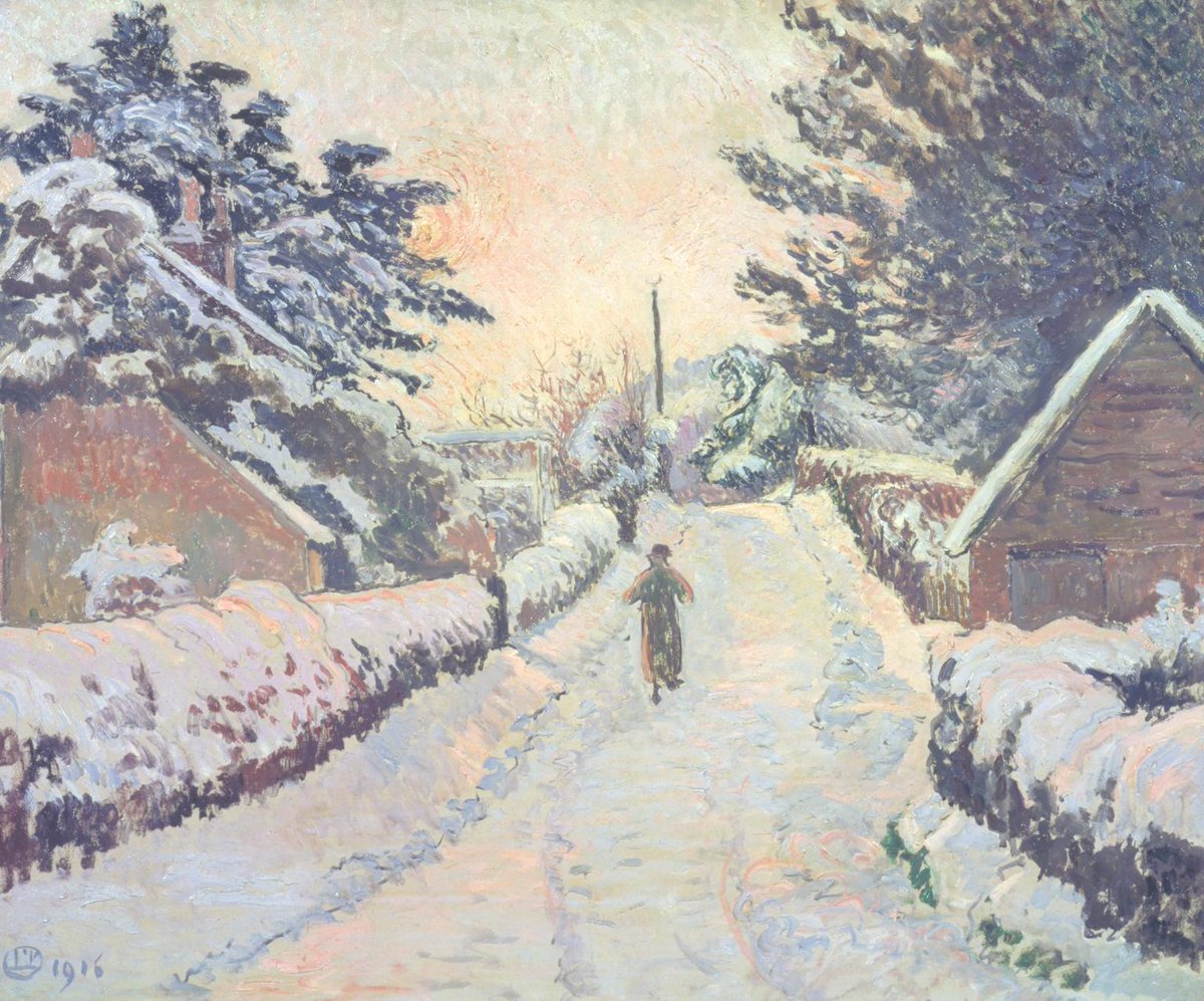 Tate's tweet image. #WorkOfTheWeek is inspired by snowy Christmasses gone by. ❄️ You can almost hear the crunch, crunch, crunch of the snow underfoot. 👣

Lucien Pissarro, Ivy Cottage, Coldharbour Sun and Snow, 1916, available to order, framed or unframed, from @TateShops. 💙 bit.ly/3GJ8TIX