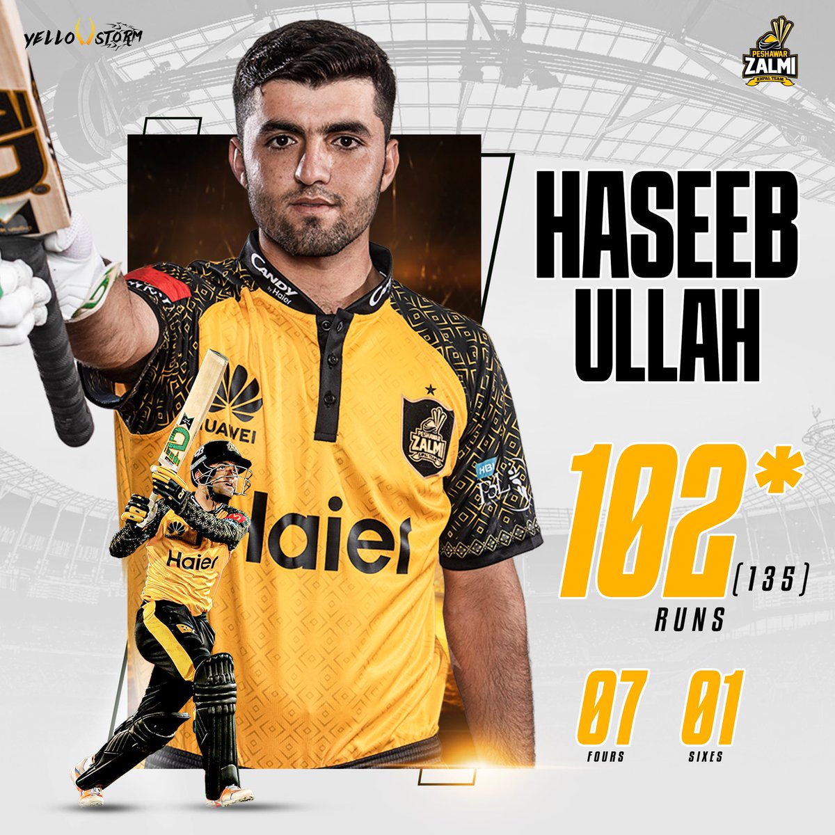 Appreciation Post 💛 A stellar performance at the Presidents Trophy 2023/24, Zalmi's emerging sensation, Haseeb Ullah Khan, masterfully notched an impressive 102* off 135 balls, truly exemplifying cricket prowess ⚡️ Zalmi Shines ✨ #Zalmi #YellowStorm