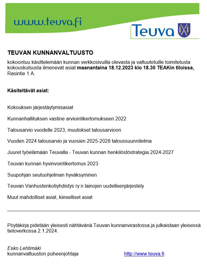 Kunnanvaltuuston kokous on tänään 18.12.2023 kello 18.30 alkaen.
Voit seurata kokousta suorana lähetyksenä kunnan YouTube-kanavalta. youtube.com/results?search…

#teuva