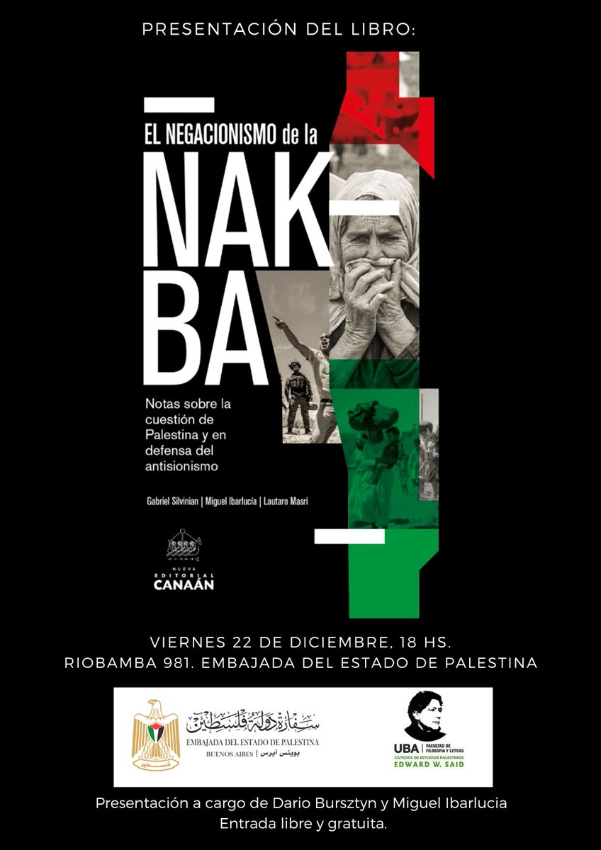 Amigxs! Para finalizar el año les traemos una novedad editorial. Este viernes estaremos presentando nuestro libro: 'El negacionismo de la Nakba. Notas sobre la cuestión de Palestina y en defensa del antisionismo' Lxs esperamos en la @embpalestina 🗓 22/12 🕧 18hs 📍Riobamba 981