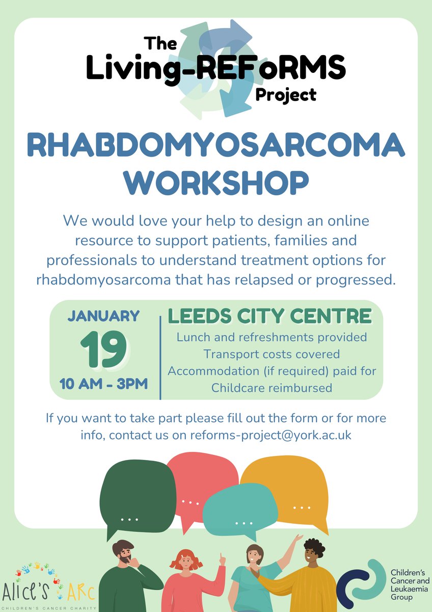 📢 Help @REFoRMS_Rhabdo shape an online resource for patients, families, & professionals to understand treatment options for #rhabdomyosarcoma that has relapsed or progressed. Workshop on Jan 19, Leeds city centre. Register your interest at ~ forms.gle/oYuozX5CrJ2jei… More info 👇🏻