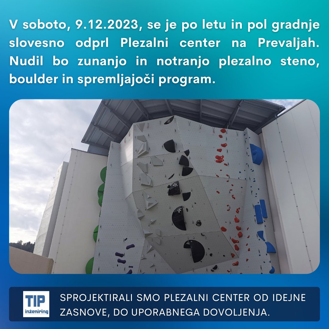 TIPinzeniring's tweet photo. Po več kot letu in pol gradnje se je v soboto, 9.12.2023, slovesno odprl Plezalni center na Prevaljah. Projektant je podjetje TIP INŽENIRING.😊

Plezalni center bo nudil:
✅ zunanjo in notranjo plezalno steno, boulder in spremljajoči program.

Več ➡ https://t.co/9EcziwknEP https://t.co/KSdujyC9Xc