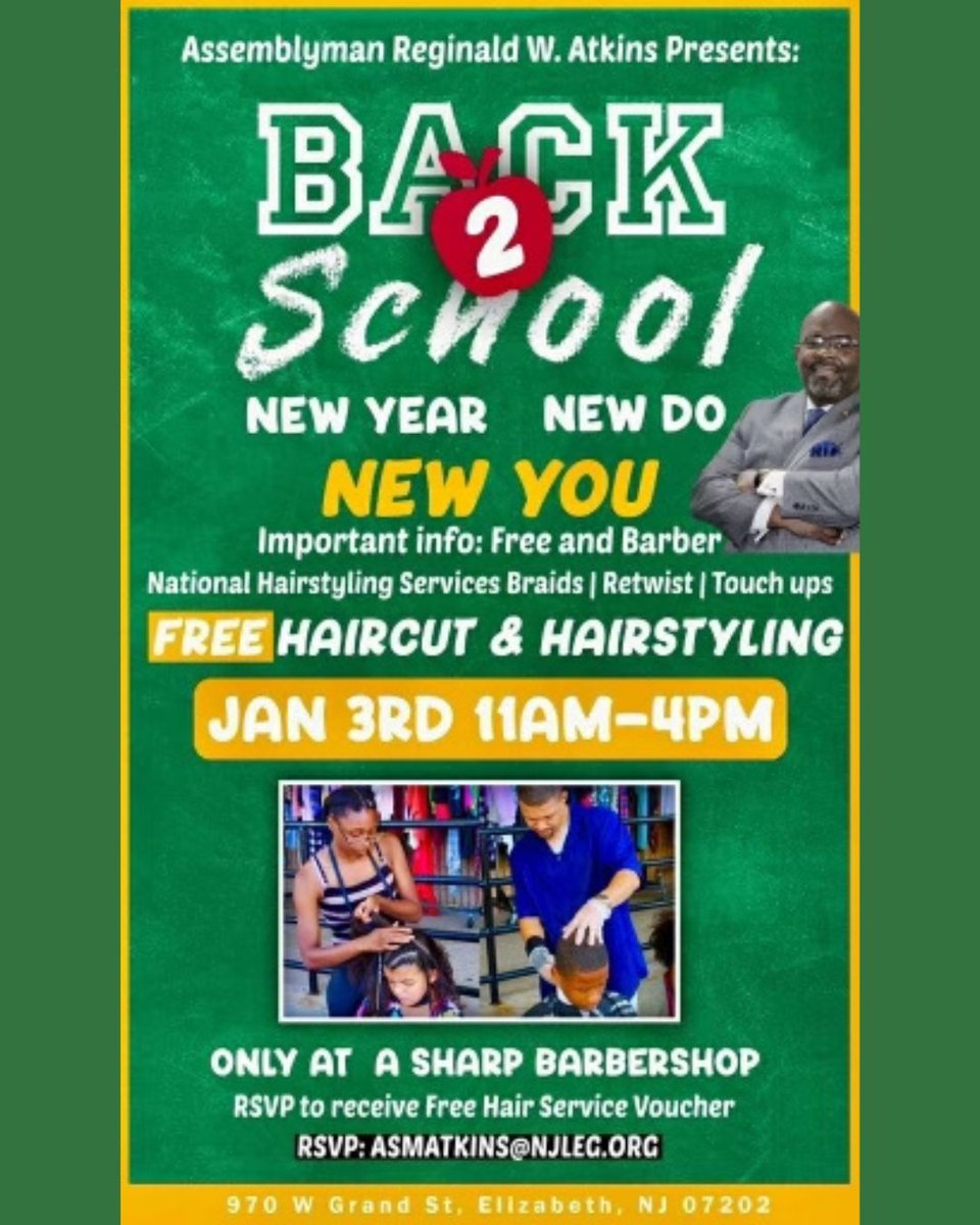 NEW YEAR, NEW DO ✨Join us for Back-to-School Hairstyling at A Sharp Barbershop in Roselle. Secure your spot for a FREE haircut or FREE hairstyling by emailing me to RSVP.🍎📚  Limited spaces available #ReginaldAtkins #LD20  #NJ