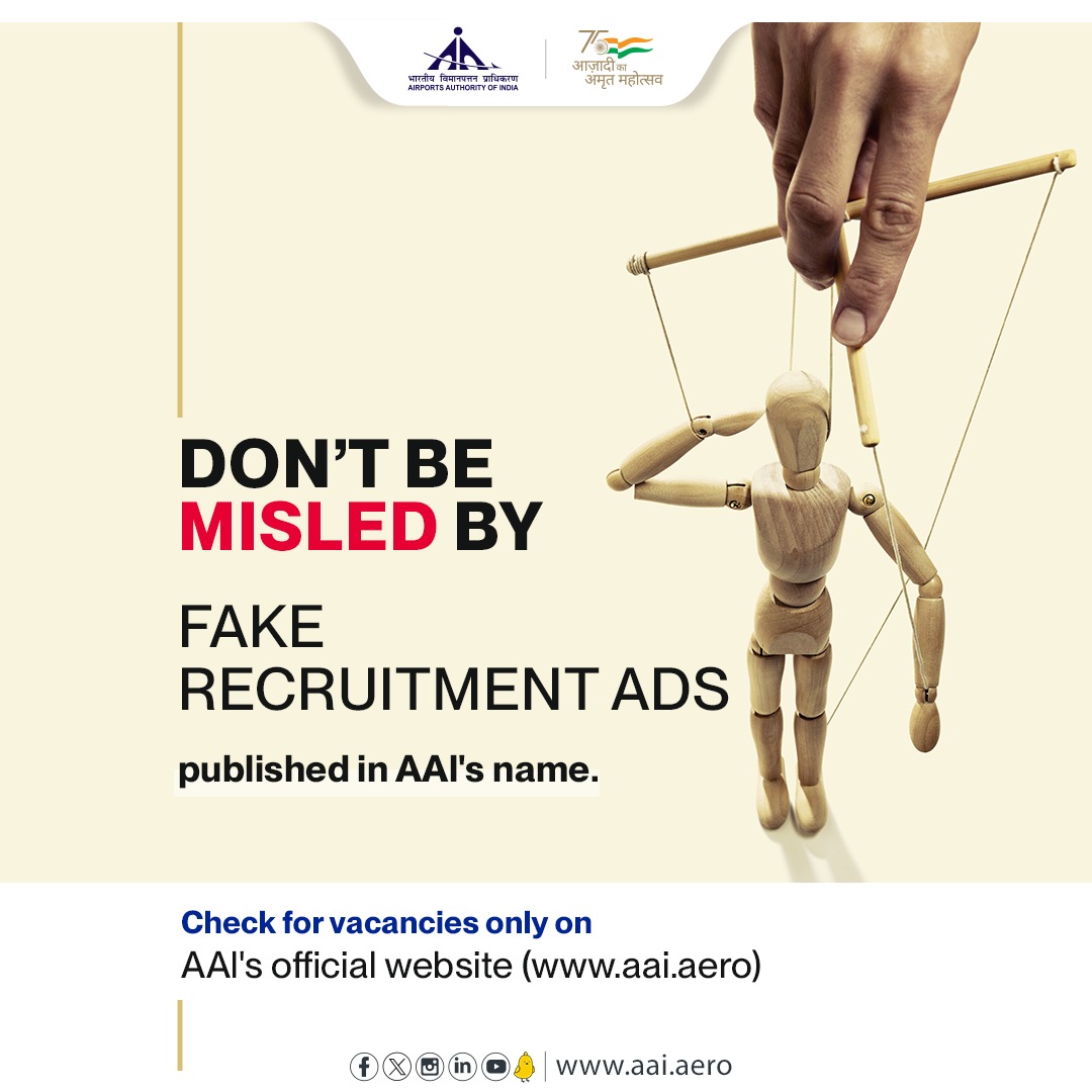 Fraudulent activities have been noted by #AAI, where individuals or entities falsely claim to represent the organization for recruitment purposes. Job seekers must verify the authenticity of recruitment processes through #AAI’s official website aai.aero.