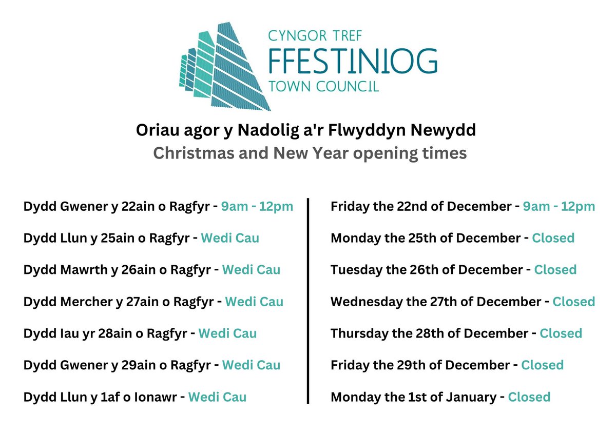 Oriau agor y Swyddfa dros y Nadolig ac Flwyddyn Newydd  / Christmas &amp; New Year office opening hours