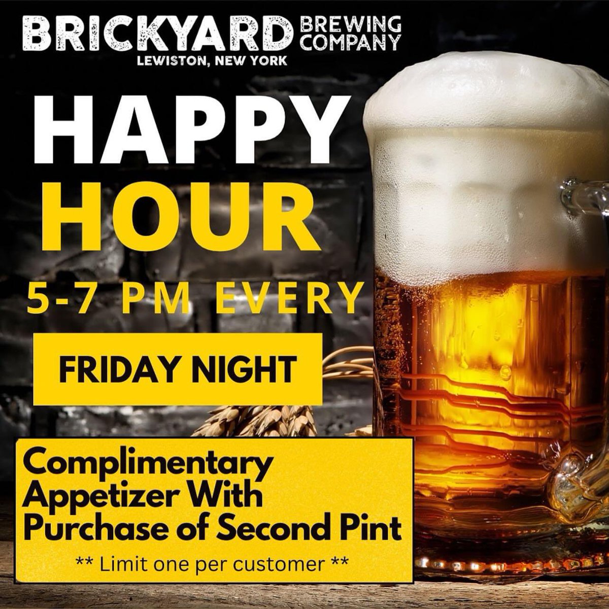 Brickyard Brewing (@brickyardbrewco) on Twitter photo It’s easy!  Grab a buddy, come and order a few pints and get a complimentary app on us!  Friday Happy Hour only @ BBC It’s easy!  Grab a buddy, come and order a few pints and get a complimentary app on us!  Friday Happy Hour only @ BBC