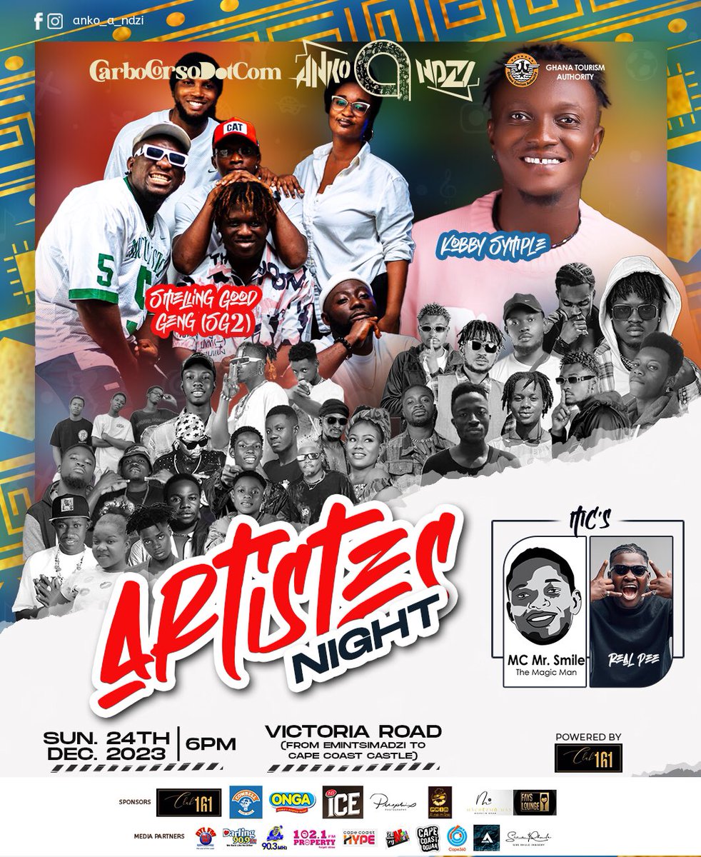 Artistes’ Night @ankoandzi 
@KobySymple is Central Regions Artiste of the Year and he will be live in Concert. 
Also we have the ever Sensational @SmellnGoodSG2 Gracing the stage.