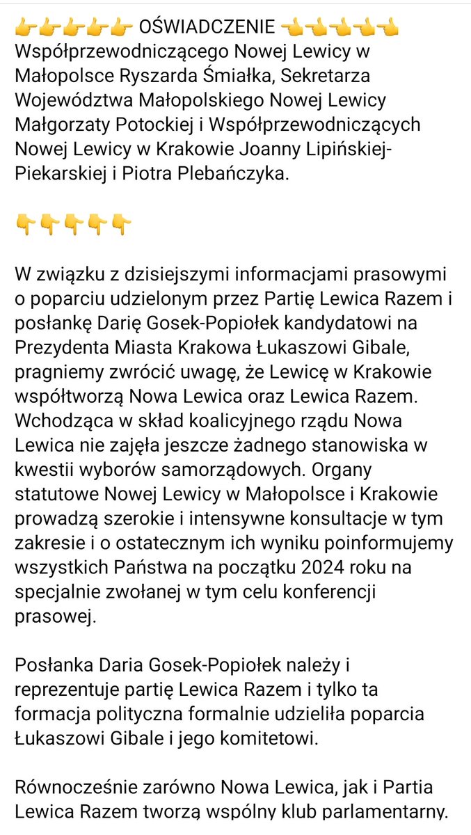 👉👉👉Oświadczenie👈👈👈 Współprzewodniczącego <a href="/NLMalopolska/">Nowa Lewica - Małopolska</a> Ryszarda Śmiałka, Sekretarza Województwa Małopolskiego Nowej Lewicy Małgorzaty Potockiej i Współprzewodniczących <a href="/_NowaLewicaKrk/">Lewica Kraków</a> Joanny Lipińskiej- Piekarskiej i Piotra Plebańczyka.