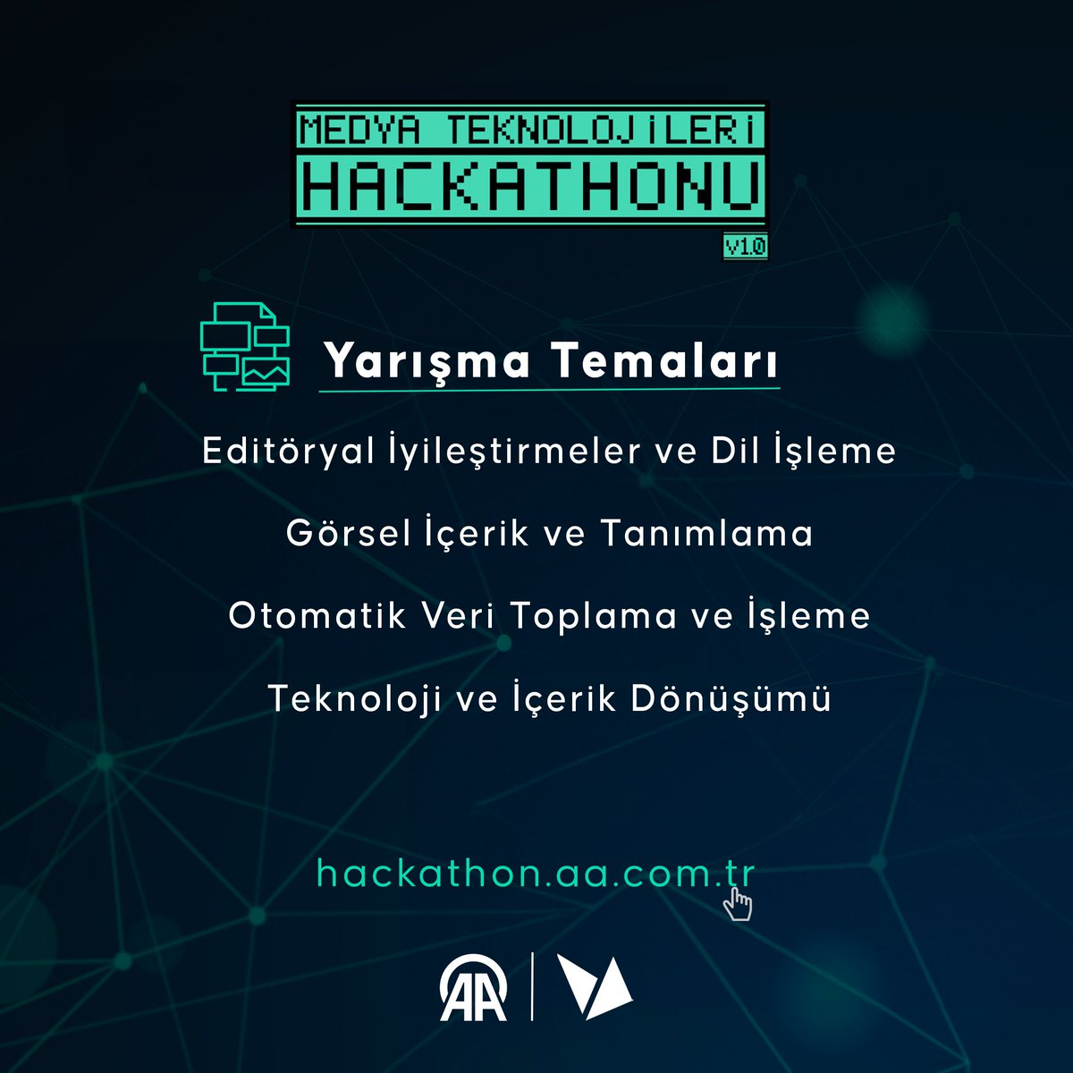 🚀 Medya Teknolojileri Hackathonu Yarışma Temaları karşınızda! 

🌐  Geleceğin medya teknolojilerini keşfetmek ve sektörden temalarda çözümler üretmek için;
Takımını Topla, Fikrini Tasarla, İnovayona Katıl! 

Şimdi Başvur: hackathon.aa.com.tr 💻✨