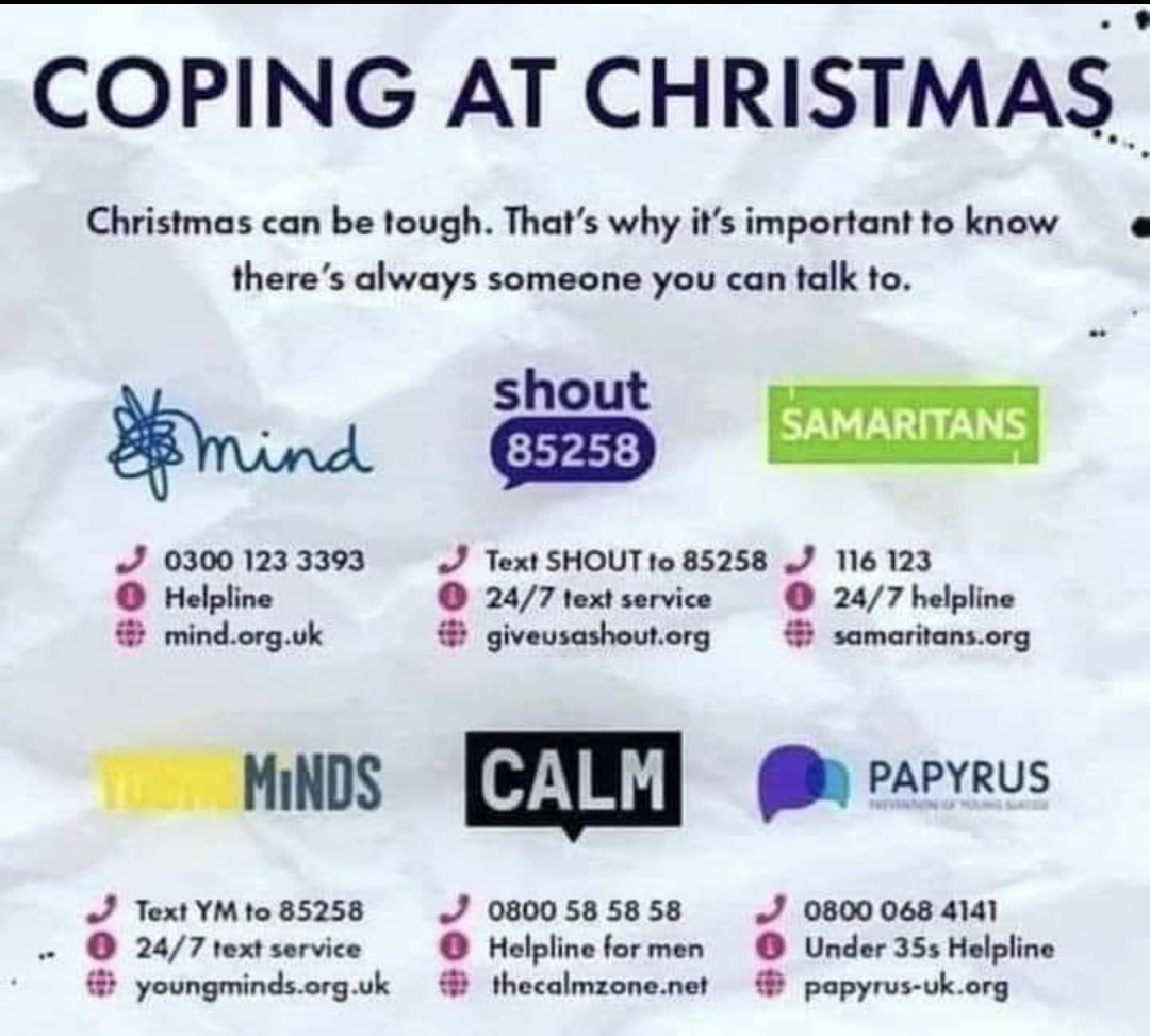 Warwickshire & Solihull CAVA (@wcavaorg) on Twitter photo Christmas can be a difficult time for anyone, at any point in their life.
Whatever the reason, there are people to help...
<a href="/YoungMindsUK/">YoungMinds</a> <a href="/PAPYRUS_Charity/">PAPYRUS</a> <a href="/theCALMzone/">CALM</a>
<a href="/GiveUsAShout/">Shout</a>
<a href="/SOS_Initiatives/">SOS Silence of Suicide</a> Christmas can be a difficult time for anyone, at any point in their life.
Whatever the reason, there are people to help...
<a href="/YoungMindsUK/">YoungMinds</a> <a href="/PAPYRUS_Charity/">PAPYRUS</a> <a href="/theCALMzone/">CALM</a>
<a href="/GiveUsAShout/">Shout</a>
<a href="/SOS_Initiatives/">SOS Silence of Suicide</a>