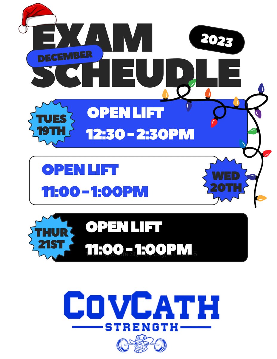 CovCathStrength (@covcathstrength) on Twitter photo 2023 Exam Open Lift Schedule! Finish STRONG! #WASTWND #BAM #COLONELSTRONG <a href="/CovCathColonels/">Cov Cath Colonels</a> 2023 Exam Open Lift Schedule! Finish STRONG! #WASTWND #BAM #COLONELSTRONG <a href="/CovCathColonels/">Cov Cath Colonels</a>