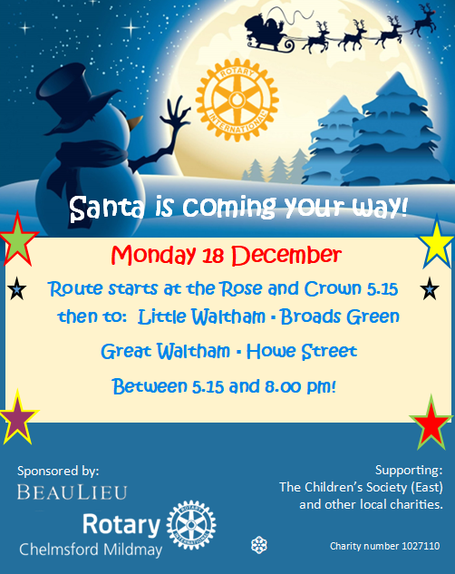 MildmayRotary's tweet photo. 🎅Tonight Santa is coming your way
Little Waltham, Broads Green, Great Waltham and Howe Street
🎅Santa's elves will be collecting for local charities
⭐️starting at the Rose and Crown at 5.15
@Beaulieu #LittleWaltham #greatwaltham #broadsgreen #howestreet #santa #santasleigh https://t.co/Z8jmt6TjOg