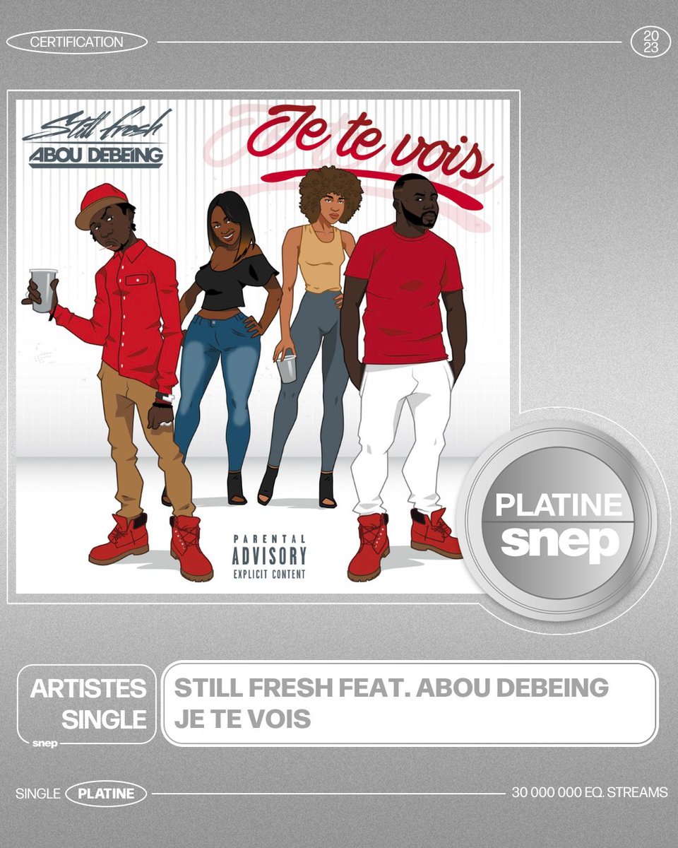 Le titre « Je te vois » de Still Fresh & Abou Debeing est certifié Single Platine ! 💿 30 000 000 équivalents streams 🎧 Bravo ! 👏
