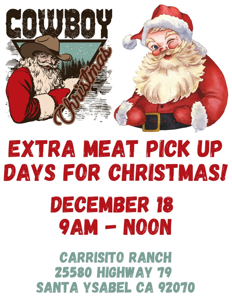 EXTRA HOLIDAY HOURS TODAY 
9AM - NOON 

Get your CHRISTMAS GIFTS and STOCKING STUFFERS!
#CarrisitoRanch #Beef #Pork #RanchToTable #FromOurRanchToYourTable #EatBeef #Christmas #MerryChristmas #Santa 

CarrisitoRanch.org