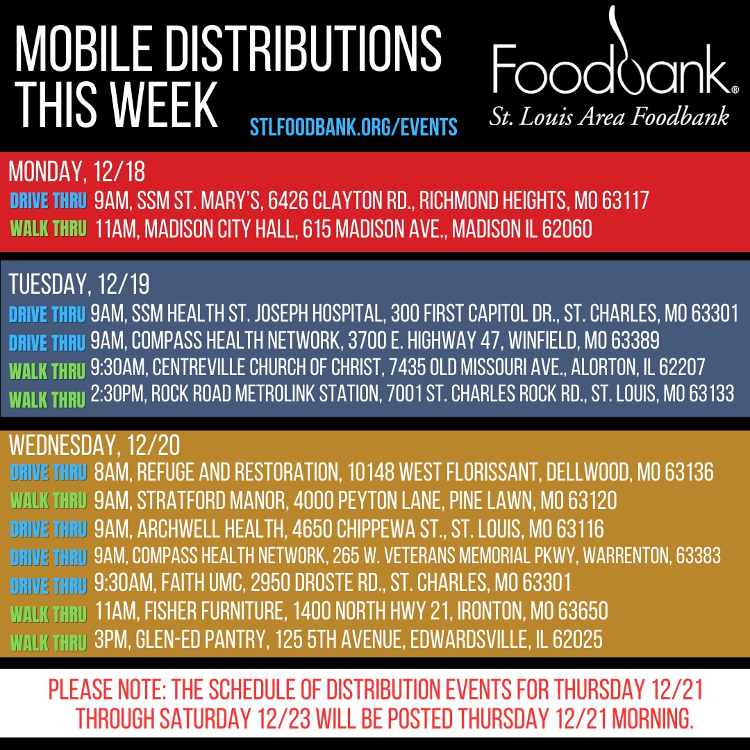Here is the first half of this week's mobile line-up. Will share the second half on Thursday. Please share! Any adjustments due to weather will be posted in the comments. For other options, visit stlfoodbank.org/events/. #FoodDistribution #FoodInsecurity