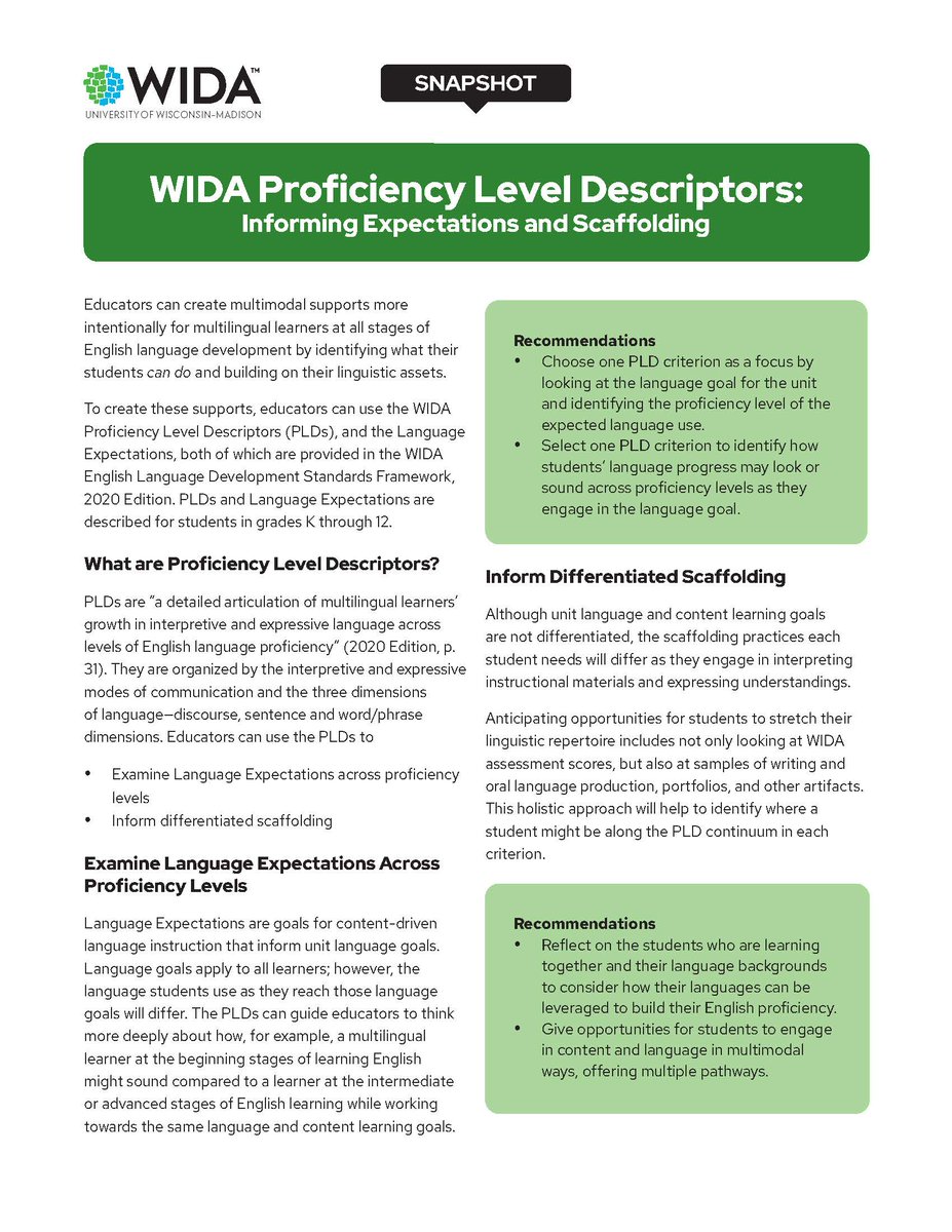 Check out our NEW #WIDA Snapshot, Proficiency Level Descriptors: Informing Expectations and Scaffolding:  wida.wisc.edu/resources/wida…