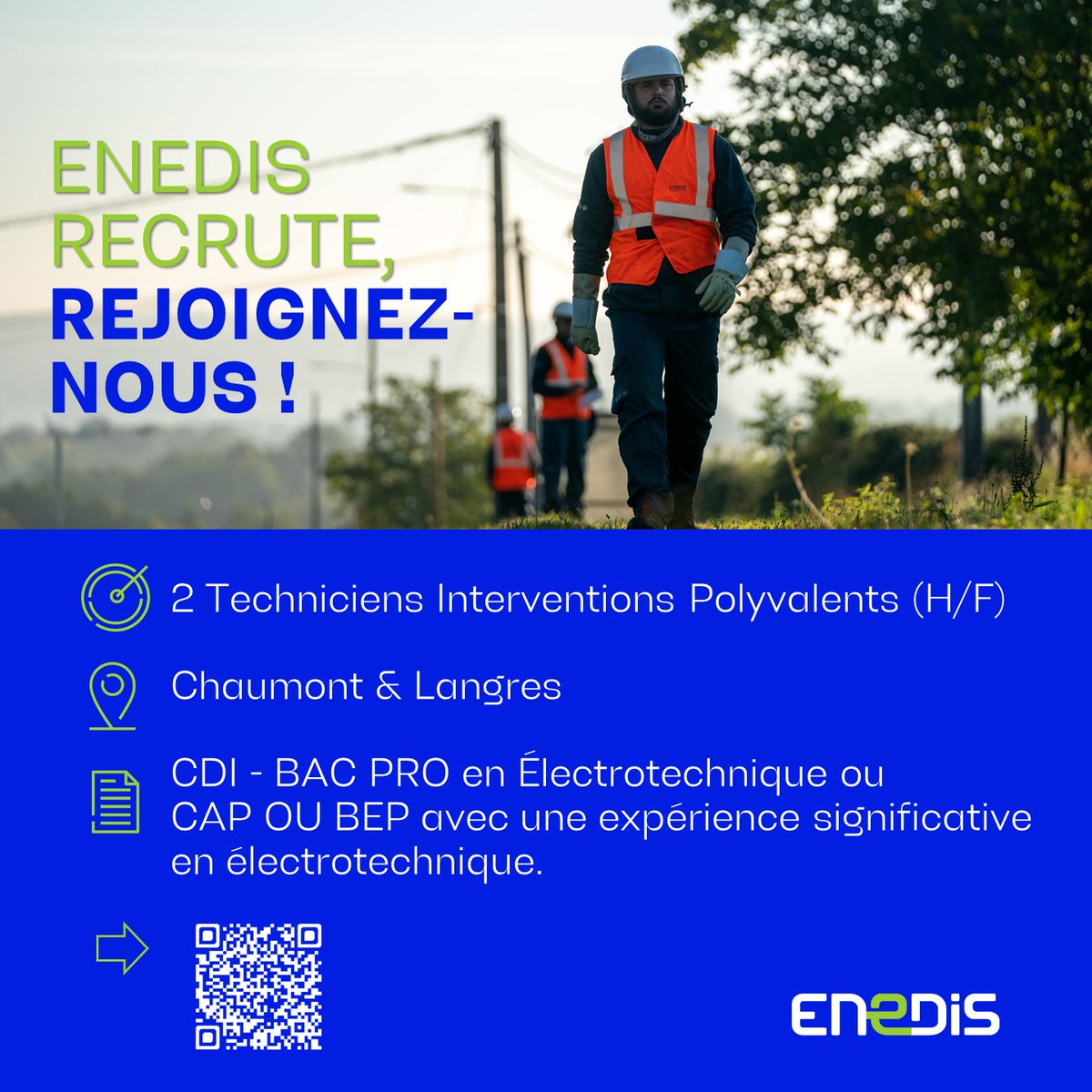 Enedis en Champagne-Ardenne (@enedis_car) on Twitter photo ➡Nous recrutons 2️⃣techniciens #CDI en #HauteMarne
Venez relever les défis techniques d'un job de terrain où la routine n'a pas sa place !
👉🏻👷🏻♂️👷🏻♀️Rejoignez nous et devenez acteurs de la transformation du réseau ⚡de votre département !
<a href="/Ville_Chaumont/">Ville de Chaumont</a> <a href="/LaHauteMarne/">Département de la Haute-Marne</a> ➡Nous recrutons 2️⃣techniciens #CDI en #HauteMarne
Venez relever les défis techniques d'un job de terrain où la routine n'a pas sa place !
👉🏻👷🏻♂️👷🏻♀️Rejoignez nous et devenez acteurs de la transformation du réseau ⚡de votre département !
<a href="/Ville_Chaumont/">Ville de Chaumont</a> <a href="/LaHauteMarne/">Département de la Haute-Marne</a>